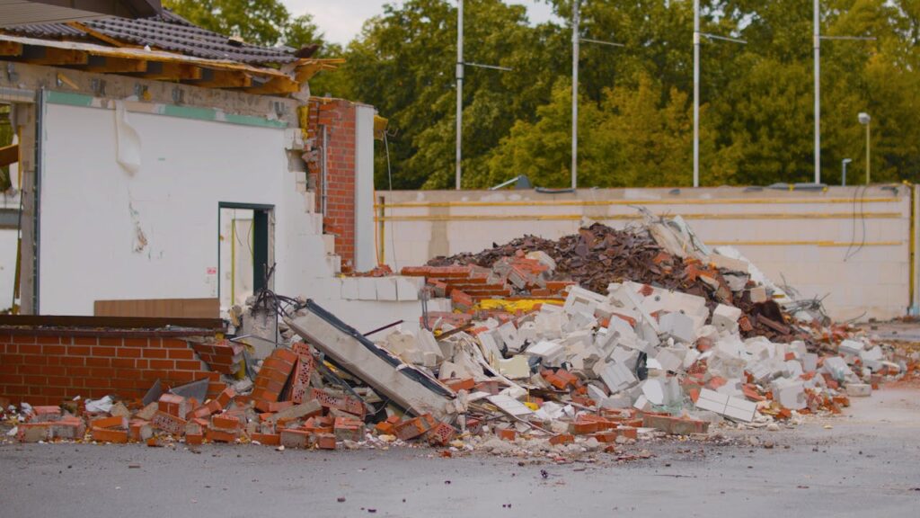 Demolished building site with debris in Essen, Germany. Ideal for urban decay concepts.